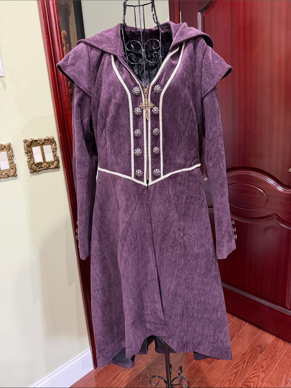 Purple Hooded Gothic Coat with Decorative Buttons